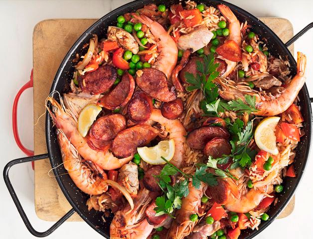 paella brown rice with seafood and chorizo
